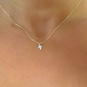 Petite 14k Solid Yellow Gold Diamond Cross Pendant- Free shipping